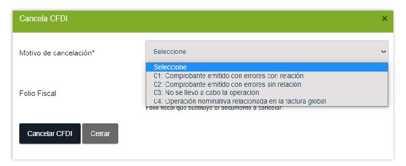 Selecciona un MOTIVO DE CANCELACIÓN correspondiente