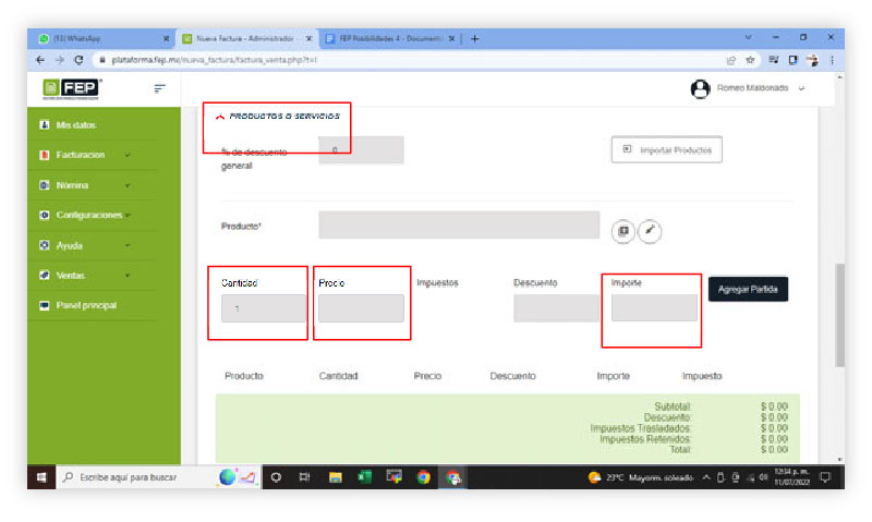 Después de llenar todas las Casillas tendremos que bajar en “Productos o Servicios” y rellenar las Casillas que se necesitan