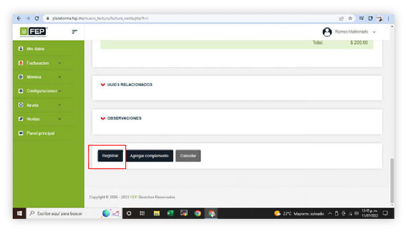 Después de verificar TODA la información de la factura tendremos que dar en el Botón de “Registrar”