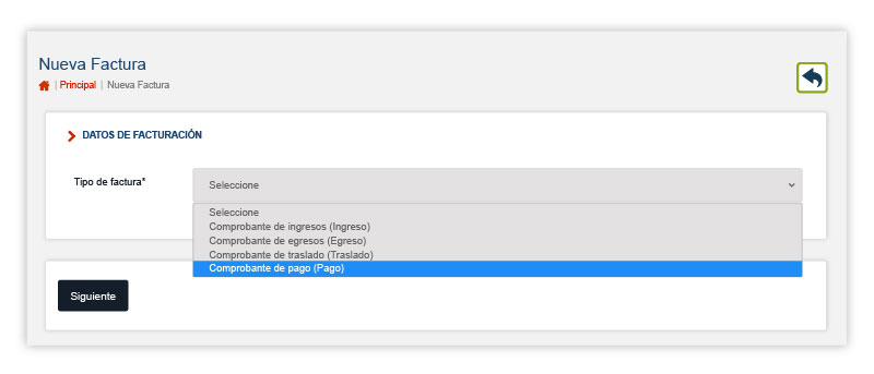 Seleccionamos Tipo de factura y “Comprobante de pago”