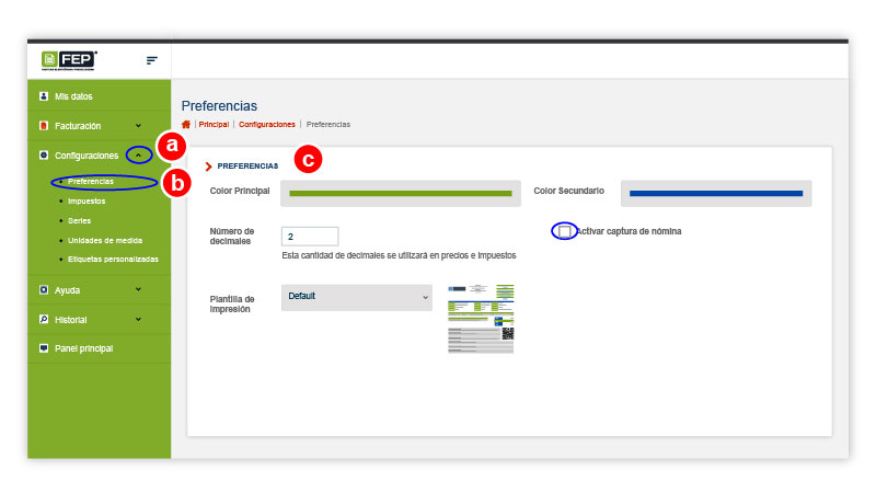 Si timbras nómina habilita la captura en la sección Preferencias del menú configuraciones